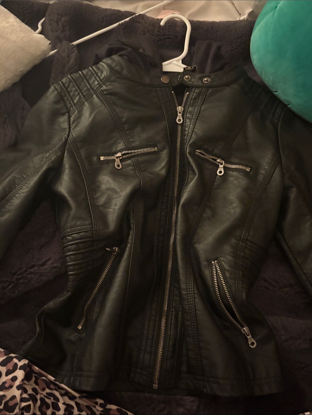 Black Faux Leather Moto Jacket with Zip Details